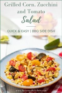 blue plate holding Grilled Corn, Zucchini and Tomato Salad